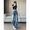 Jeans wide leg destroyed de cintura baixa estilo americano para mulheres, novo super popular do outono de 2026, calça distressed de caimento largo com controle de barriga, comprimento total