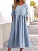 Vestido Casual de Verão 2025 para Estação Independente da Amazon, Novo, Algodão e Linho, Manga Curta, Bolso, Pregueado, Solto, Gola Redonda