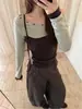 Camiseta Manga Longa Feminina Tendência Dongdaemun Coreano Outono Inverno Novo Estilo Coreano Slim Fit Bloco de Cores Falsa Duas Peças Patchwork Uma Manga