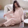 Pijama Feminino de Fleece Manga Longa Calça Longa Cardigã Lapela Doce Fofo Tamanho Grande Quente Pode Ser Usado Fora de Casa Roupas Femininas