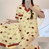 Pijama de contraste de color coreano para niña, lindo, estampado de manzana, para mujer, manga corta, ropa de casa cómoda, conjunto de tres piezas, se puede vender al por mayor