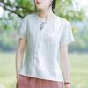 Camiseta de algodón y lino estilo chino retro para mujer, verano 2024, nueva camiseta informal holgada de manga corta