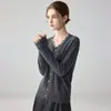 Cárdigan de cachemir 100% puro con cuello en V para mujer, nuevo estilo otoño e invierno, suéter de punto con borde de encaje, top casual de manga larga, camiseta básica