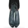 Jeans Retro Azul High Street Largo Wide Leg Design Retro Americano Cintura Alta Caimento Curva Bootcut Comprimento Total Tendência