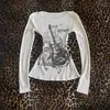 Camiseta de Manga Larga Ajustada Estampado de Guitarra Retro Americano Verano Sexy para Chica Caliente Cintura Ceñida Top Adelgazante