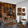 Cortina de Ducha Impermeable con Tema de Halloween Juego de Cuatro Piezas Decoración de Calabaza Cortina Divisoria de Baño Juego sin Taladro