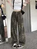 Diseño Ins de Calle Sentido de Diseño Chica Popular Petite Jeans Estampado de Leopardo Mujer Cintura Alta Pierna Ancha Sueltos Adelgazantes Rectos