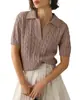 Novo Suéter Pulôver Feminino de Manga Curta Cor Sólida Tricô Torcido Casual de Verão Camisa Polo Gola V