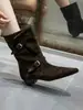 Botas de Piel de Vaca Estilo Francés Elegantes Punta Cuadrada Pequeña Tacón Grueso Adelgazantes Adelgazantes Hebilla Doble de Cuero Botas Vaqueras Occidentales Botines de Invierno para Mujer