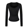 Top Básico de Manga Larga Adelgazante con Cuello en U Grande Estilo Puro Deseo para Mujer Primavera y Otoño Chica Picante Cintura Fruncida Elástica Camiseta