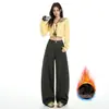 Jeans de Pierna Ancha Estilo Cimitarra Naranja Infantil con Diseño de Empalme Tridimensional Más Terciopelo para Mujer, Pantalones Sueltos, Ajustados y Versátiles de Largo Completo