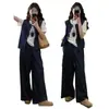 Conjunto de Tres Piezas de Moda Tallas Grandes para Verano: Nuevo Top Versátil de Manga Corta, Chaleco de Mezclilla y Pantalones Casuales de Pierna Ancha