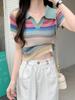 Suéter de Punto con Rayas Arcoíris Dopamina para Mujer, Nuevo Top Interior de Verano con Cuello Polo, Estilo Nicho Ajustado
