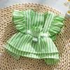 Vestido de Saída para Cães e Gatos, Estilo Princesa, Listrado, com Alça de Tração, Manga Curta tipo Mosca, Pet Clothes