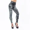 Punto Corsé Falso Agujero Europeo y Americano Leggings Imitación Mezclilla para Mujer Pantalones de Yoga de Nueve Puntos de Cintura Alta Jacquard para Mujer