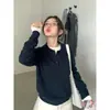 Suéter de punto gris de manga larga, cuello camisero, estilo universitario, corte holgado, estilo coreano, cuello polo, azul marino, top de punto de otoño