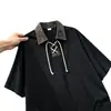 Camisa Polo Masculina Retro Americana com Amarração Manga Curta 2026 Verão Tendência Patchwork Retro Meia-Manga ins