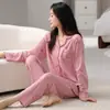 Conjunto de pijama de algodón de manga larga y pantalón largo para mujer, con cuello camisero y estilo cárdigan, talla grande, adecuado para primavera y otoño, conjunto de ropa de casa dulce y lindo