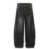 Jeans preto lavado estilo retrô americano com detalhes de orelhas de gato, novas calças largas de corte solto com efeito desgastado para homens e mulheres