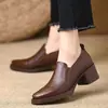 Bico Fino Outono/Inverno 2026 Novo Exportação Couro Macio Salto Bloco Corte Profundo Sapatos Femininos Versátil Couro Macio Genuíno Sapatos Pequenos de Couro para Comércio Transfronteiriço