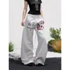 Calça casual larga de perna reta com estampa de letras hip-hop retrô americana ONLPP com cordão para mulheres, solta e casual