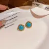 Aretes de aro huecos estilo retro europeo y americano para mujer, a la moda, lujo ligero, aretes elegantes de alta gama en turquesa estilo francés