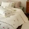 Juego de Cuatro Piezas de Algodón de Fibra Larga Cepillado de Gama Alta, Funda de Edredón Estilo Fresco Rosa Femenino, Diseño de Dibujos Animados Lindo para Todas las Estaciones