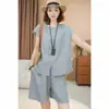 Traje Casual Nuevo Estilo de Verano Chaleco sin Mangas Shorts Algodón y Lino Traje de Moda Conjunto de Dos Piezas para Mujer