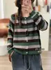 Otoño 2026 Transfronterizo Nuevo Hilo de Algodón Retro Holgado Rayas Cuello Redondo Simple Versátil Casual Cardigan de Punto Prendas de Abrigo Mujer