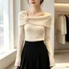 Top de punto floral irregular sin hombros de manga larga, nuevo diseño de primavera, top para mujer suave y estilizado