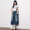 Jeans feminino cropped azul vintage com lavagem desgastada e textura 2026 primavera novo calça larga casual solta