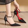 Tacones Altos Negros de Aguja para Mujer Punta Afilada Sexy 2025 Nuevos Zapatos de Suela Roja Tira Hueca de Una Línea Escote Zapatos Elegantes
