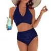 Amazon 2027 Novo Maiô Europeu e Americano Feminino com Controle de Barriga Conjunto de Biquíni de Cintura Alta Roupa de Banho Sexy com Decote Halter em Estoque