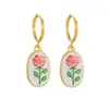 Pendientes de aro con colgante de flor de rosa vintage de goteo de aceite transfronterizos de moda, pendientes colgantes de flor ovalada de acero inoxidable chapado en oro