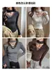 Camada Base Sexy Estilo Americano com Decote em V e Renda Spliced com Gola Alta para Mulheres Outono e Inverno Tencel Slim-Fit Top Interno