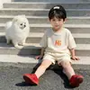 Comercio Exterior Ropa Infantil Color Caramelo Casual Manga Corta Traje Camiseta con Letras y Cara Sonriente Pantalones Cortos Conjunto de Dos Piezas para Bebé Niño Estilo Nuevo