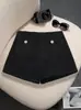 Shorts Pelúcia Cor Sólida Estilo Chanel para Mulheres, Novo Estilo Coreano Cintura Alta Emagrecedor Bolso Duplo Design Calça Wide-Leg 9844