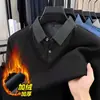 2025 Invierno Popular Camisa Polo Falsa de Dos Piezas para Hombre Camisa de Cuello Rayado Cálida de Terciopelo para Hombres de Mediana Edad Top Dropshipping