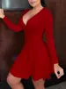 Foto Oficial Cor Pura Gola V Manga Longa Estilo Saia Midi Elegante para o Trabalho Cintura Média Vestido