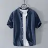 Camisa de lino para hombre, de manga corta, cuello alto, de verano, fina, holgada, de algodón y lino, blanca, estilo fresco, informal, para hombre