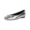 Versão em Pele de Ovelha~Sapatos Femininos de Bico Quadrado com Salto Escondido, Sapatilhas com Laço, Sapatos Mary Jane Versáteis de Corte Baixo Prateados