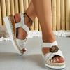 Sandalias de cuña con hebilla de metal de talla grande de comercio exterior europeo y americano para mujer, sandalias de playa con suela gruesa y cinturón elástico de cuerda de cáñamo transfronteriza.