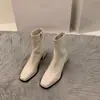 Saltos Altos Femininos 2026 Outono/Inverno Novas Botas Curtas Emagrecedoras Bico Quadrado Botas de Salto Único Estilo Britânico Botas Chelsea Botas de Salto Grosso Femininas