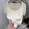 Top de Verano para Mujer Petite de Encaje Tejido de Manga Corta, Corto, de Botones Sencillos, Puro, Reductor de Edad