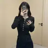Nova camisa básica versátil de outono e inverno estilo americano, gola henley, forrada de fleece, quente, de alta qualidade, com corte justo, para mulheres
