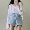 Blusa de Punto Nueva de Primavera y Verano de Talla Grande con Escote en V y Hombros Descubiertos Holgada Casual de Estilo Perezoso Combinable con Todo Protector Solar Top Camiseta