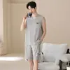Pijama de Verão para Homens, Camiseta Regata Fina de Algodão Lyocell, Sem Mangas, Pode Ser Usada Fora no Verão, Conjunto Casual de Roupa de Casa para Homens
