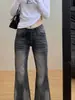 Jeans Feminino Preto-Cinza Micro-Flare Extra Longo Não Skinny Novo Outono 2026 Calça Flare de Cintura Baixa