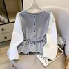 Camisa de Manga Larga Falsa de Dos Piezas Azul Grisáceo para Mujer, Nuevo Diseño Primavera y Otoño 2025, Blusa Corta Ceñida a la Cintura
