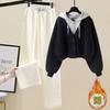 Traje de moda# Ropa pequeña de otoño/invierno Falso de dos piezas con capucha Ropa casual con forro polar Pantalones de pierna ancha Conjunto de dos piezas